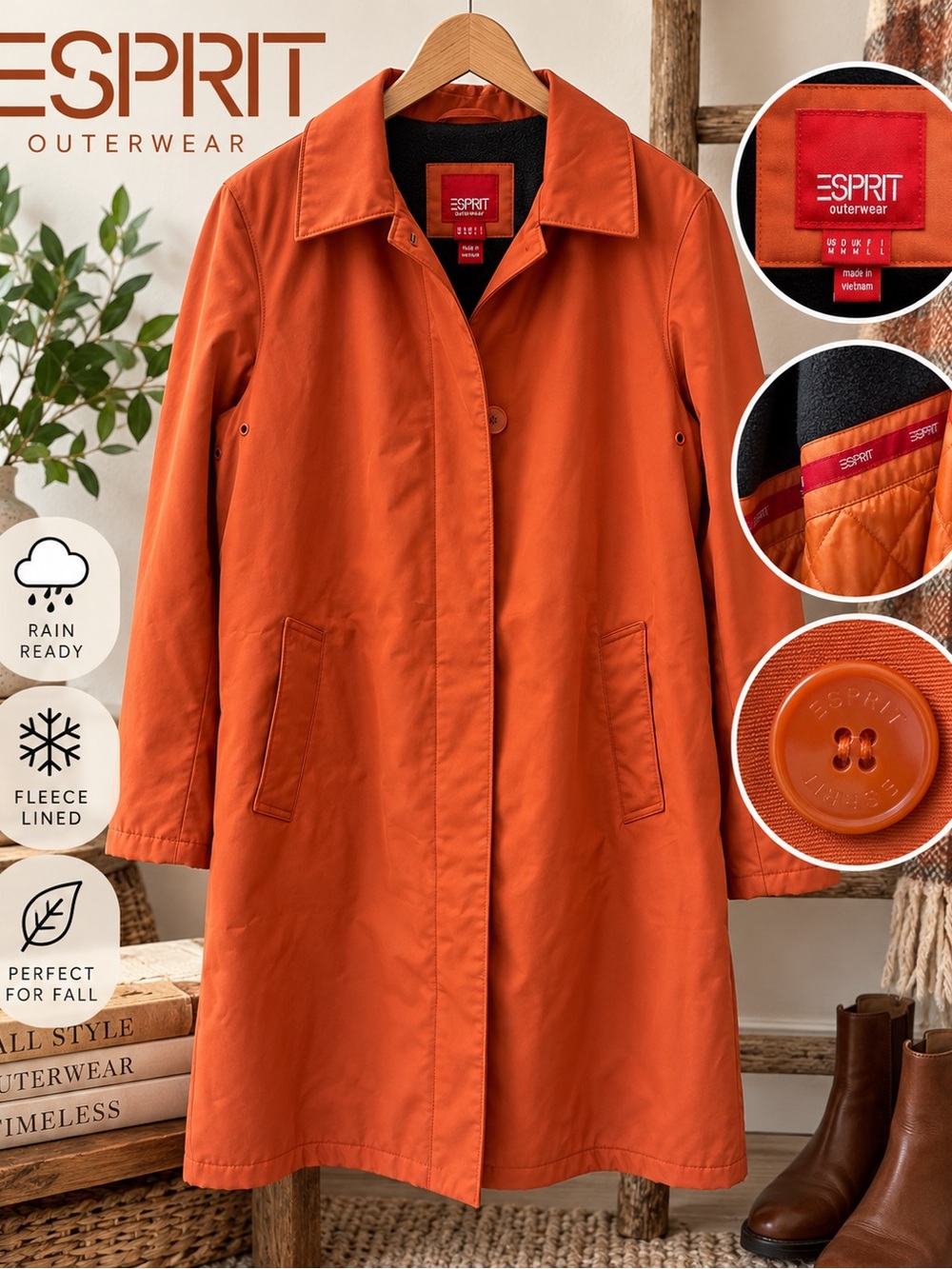 Esprit Orange Fleece-Lined Trench Coat